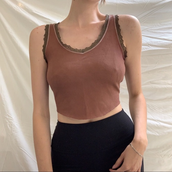 Chocolate Brown Lace Trim Ribbed Tank - Picture 2 of 6